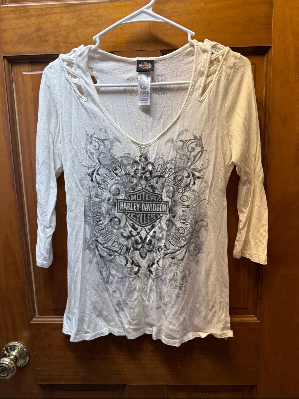 Harley-Davidson Cream V-Neck Graphic Long Sleeve Top